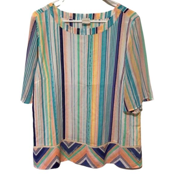 Chico's White Multicolor Pastel Striped Short Sleeve Top Size 2 L 12 - Picture 1 of 4